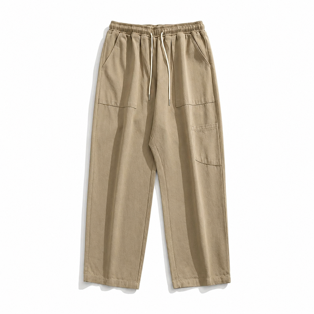 Men's Cotton Drawstring Straight Leg Pants in beige — elasticated drawstring waistband detail