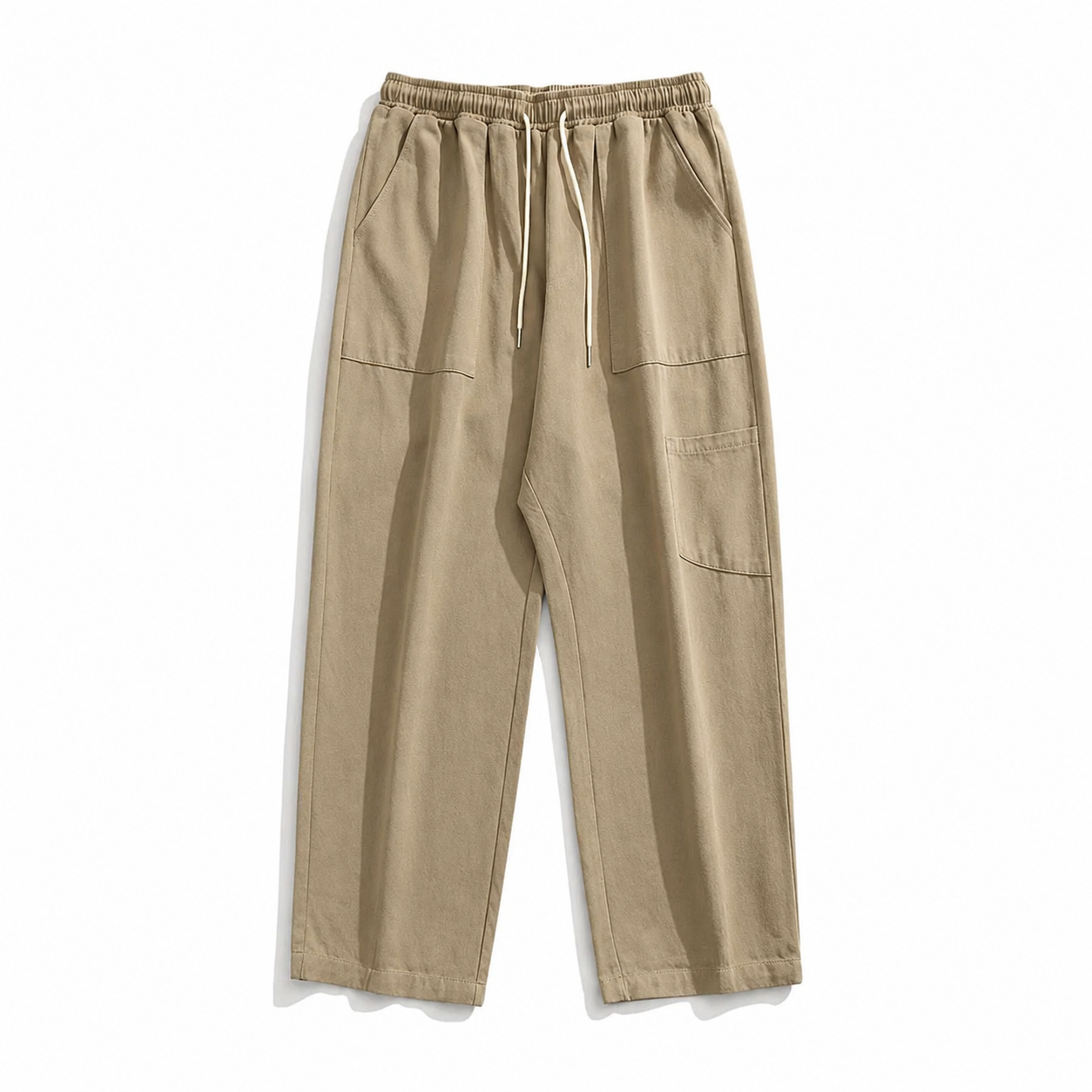 Men's Cotton Drawstring Straight Leg Pants in beige — elasticated drawstring waistband detail