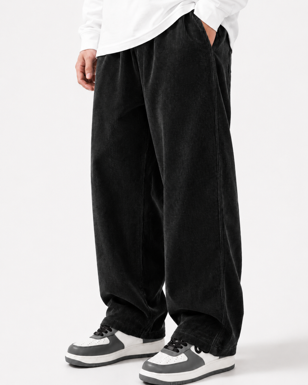 Men's Loose Fit Corduroy Straight Pants in brown — waistband and drawstring detail