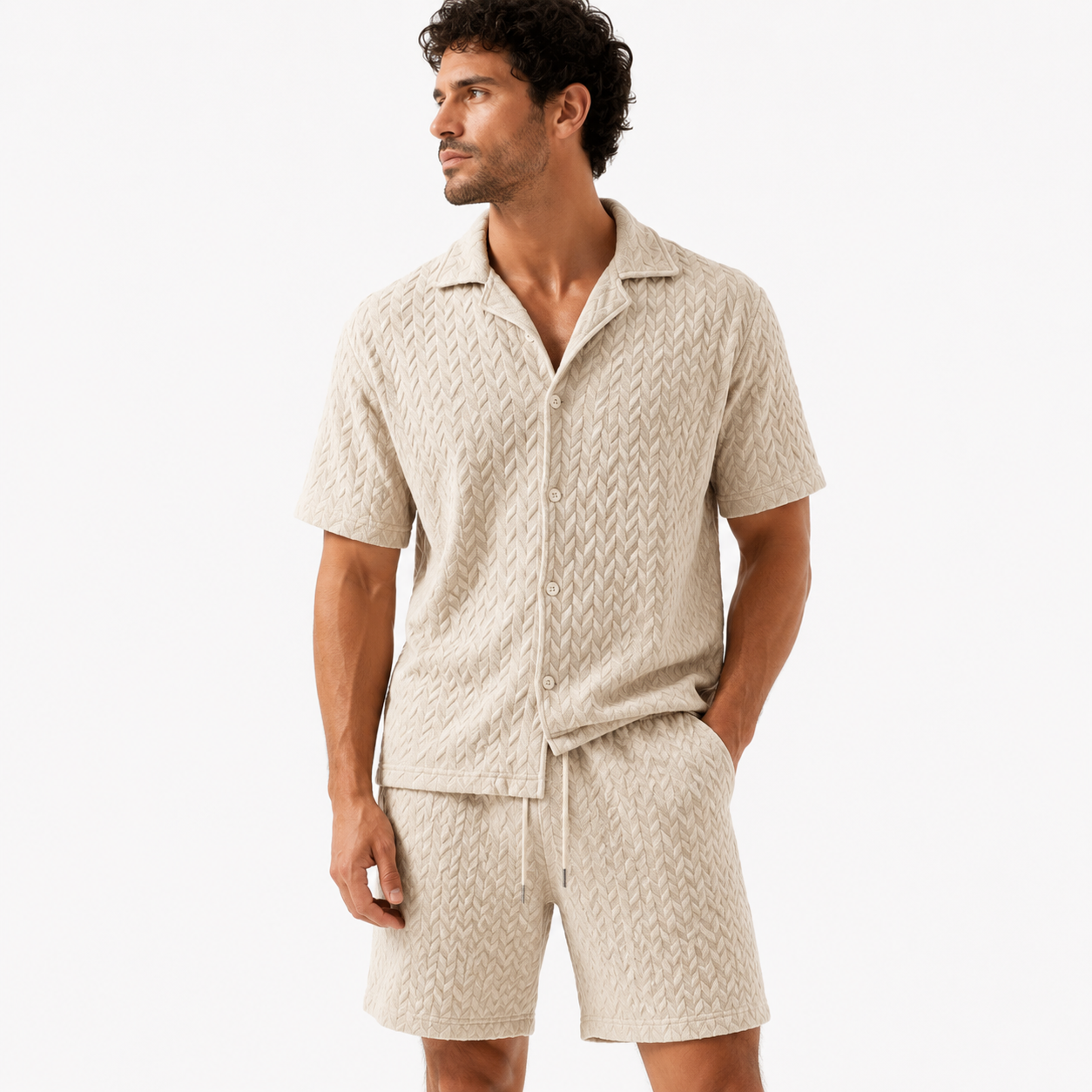Men’s Textured Button Shirt And Shorts Set Main image