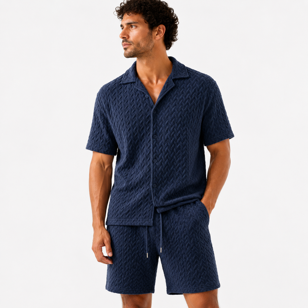 Men’s Textured Button Shirt And Shorts Set