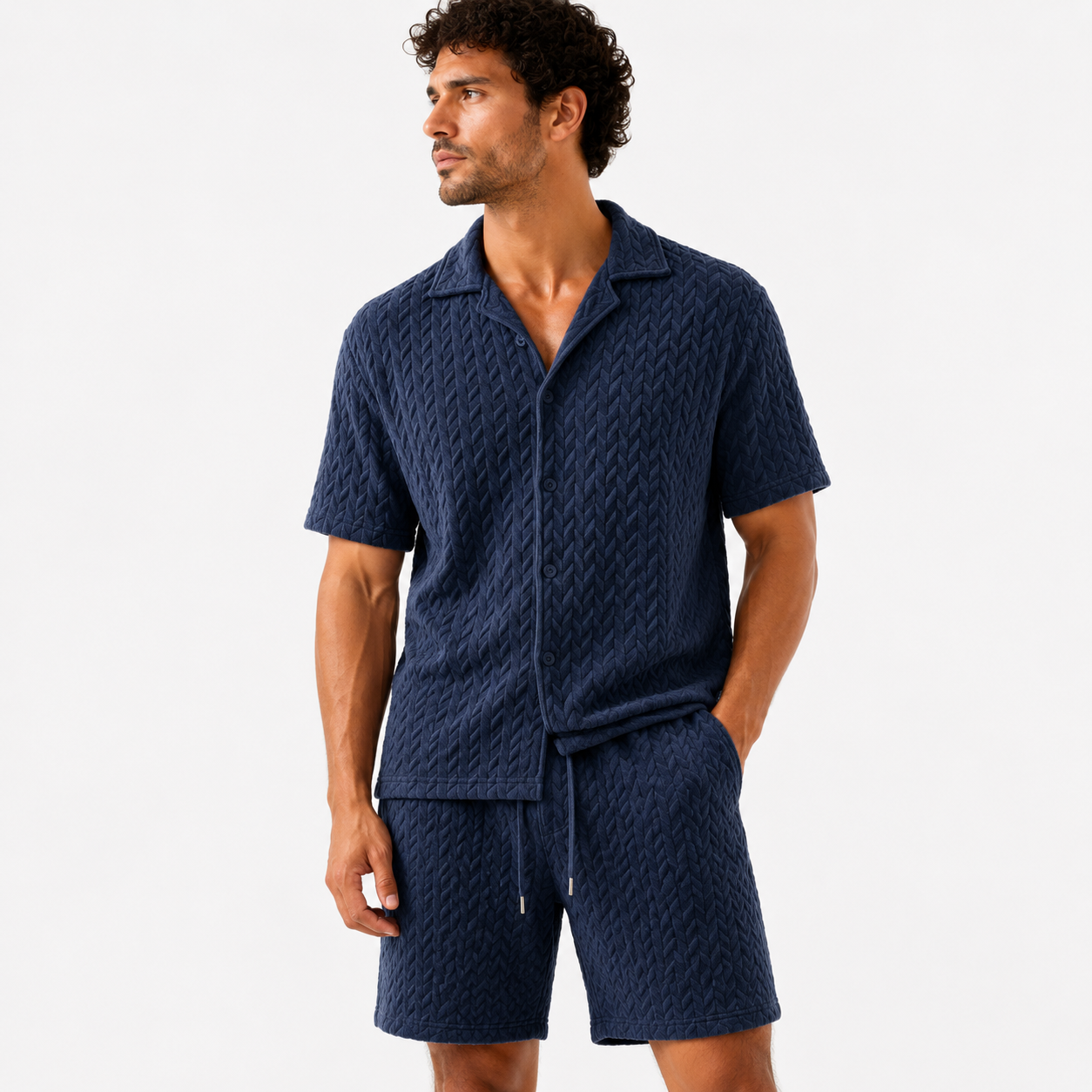 Men’s Textured Button Shirt And Shorts Set