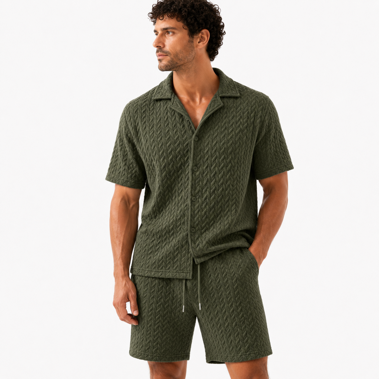 Men’s Textured Button Shirt And Shorts Set