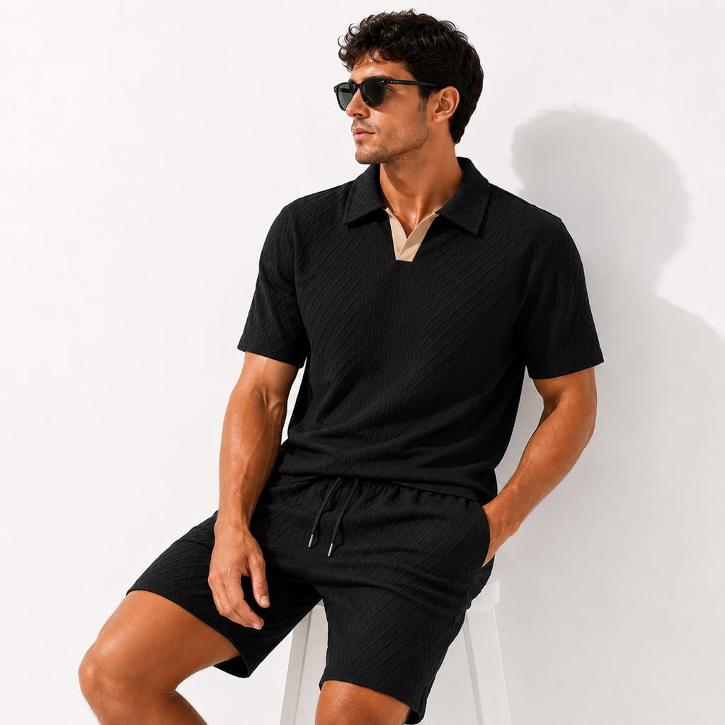 Men's Textured Polo Shirt and Shorts Set