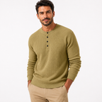 Man wearing a green long-sleeve shirt with buttons on a white background