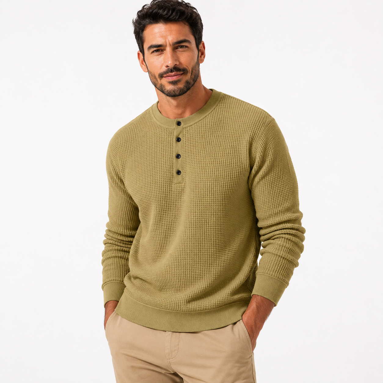 Man wearing a green long-sleeve shirt with buttons on a white background