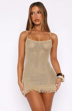 Crochet Bodycon Mini Dress With Fringe Hem