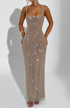 Women's Square Neck Maxi Dress with Sparkle Bodycon Fit