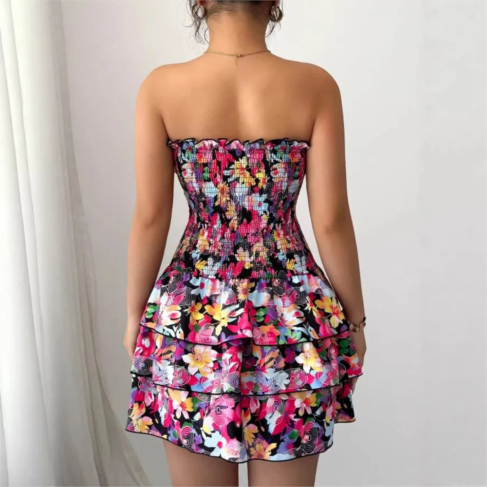 Pink Floral Strapless Ruffle Mini Dress