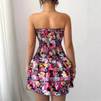 Pink Floral Strapless Ruffle Mini Dress