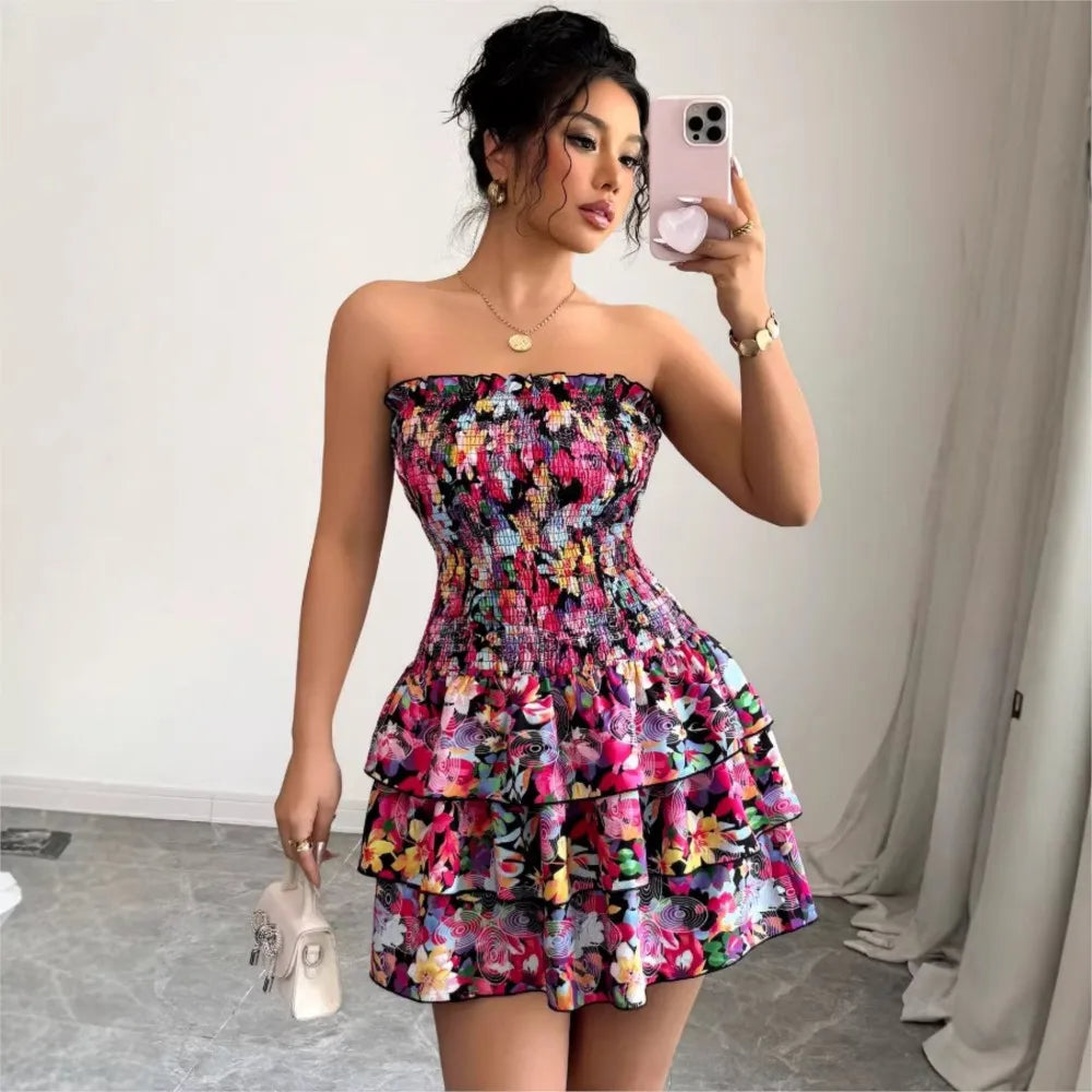 Pink Floral Strapless Ruffle Mini Dress
