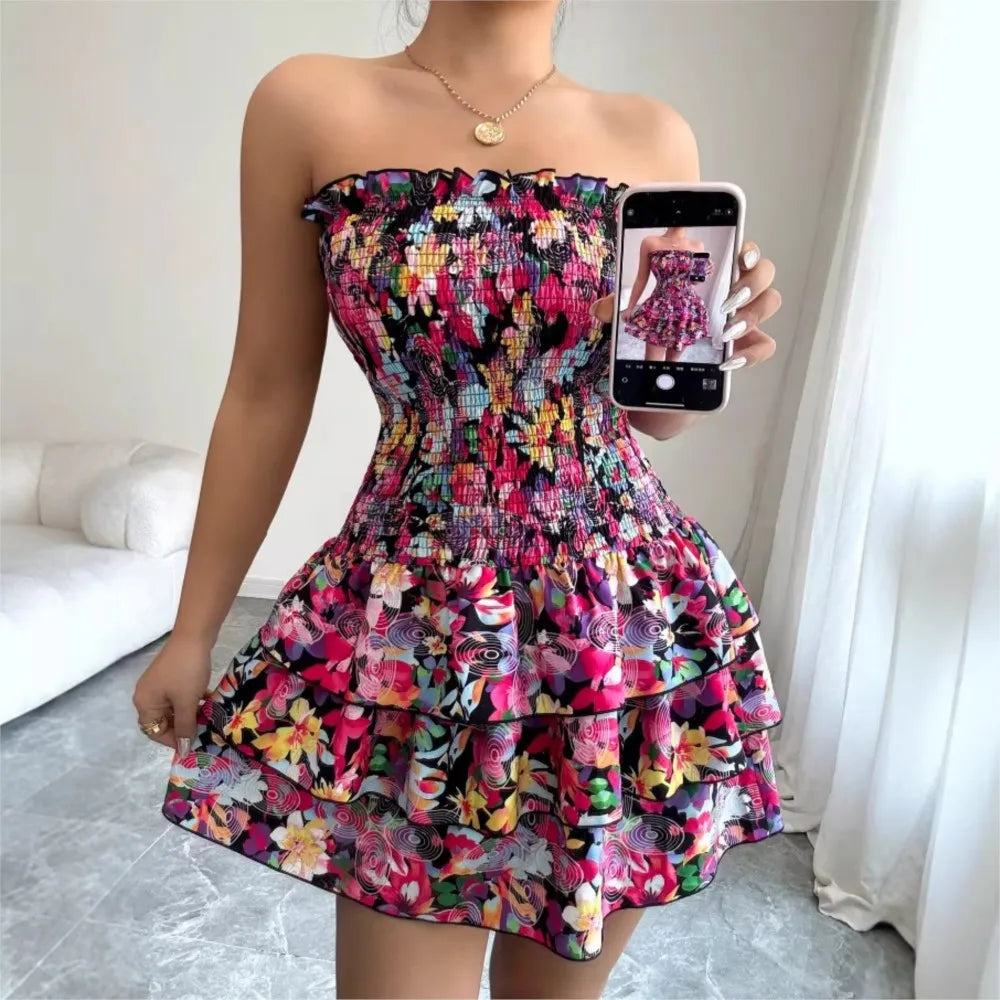 Pink Floral Strapless Ruffle Mini Dress