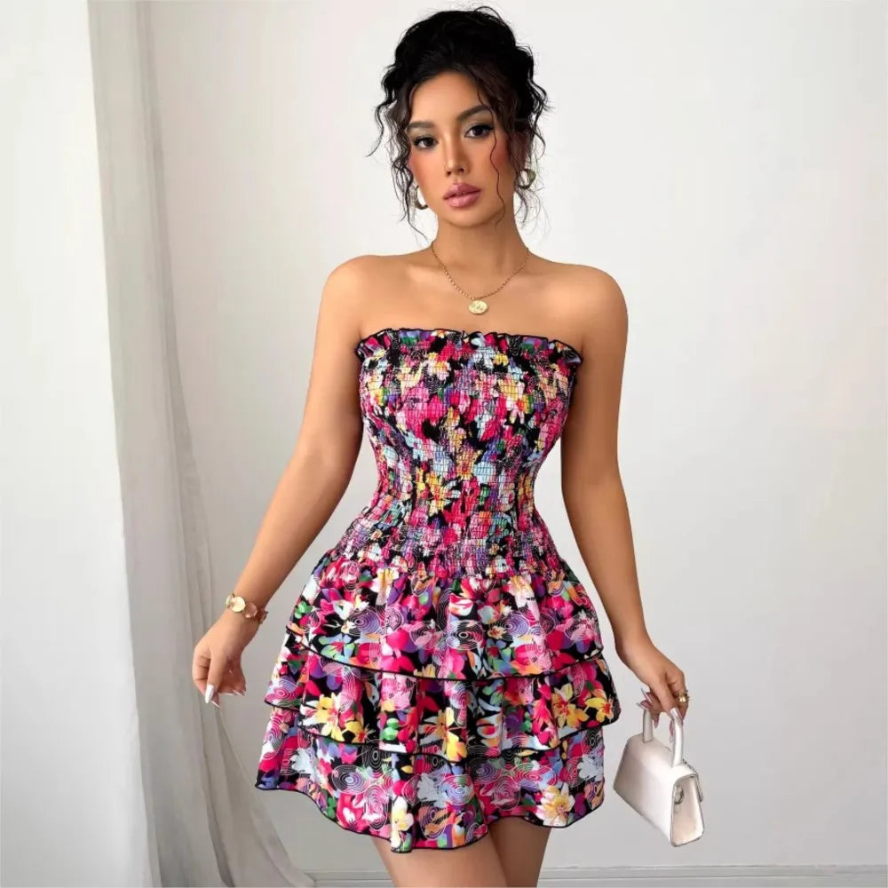 Pink Floral Strapless Ruffle Mini Dress