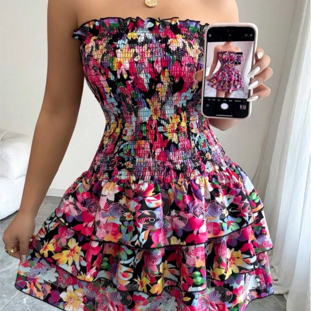 Pink Floral Strapless Ruffle Mini Dress