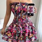 Pink Floral Strapless Ruffle Mini Dress