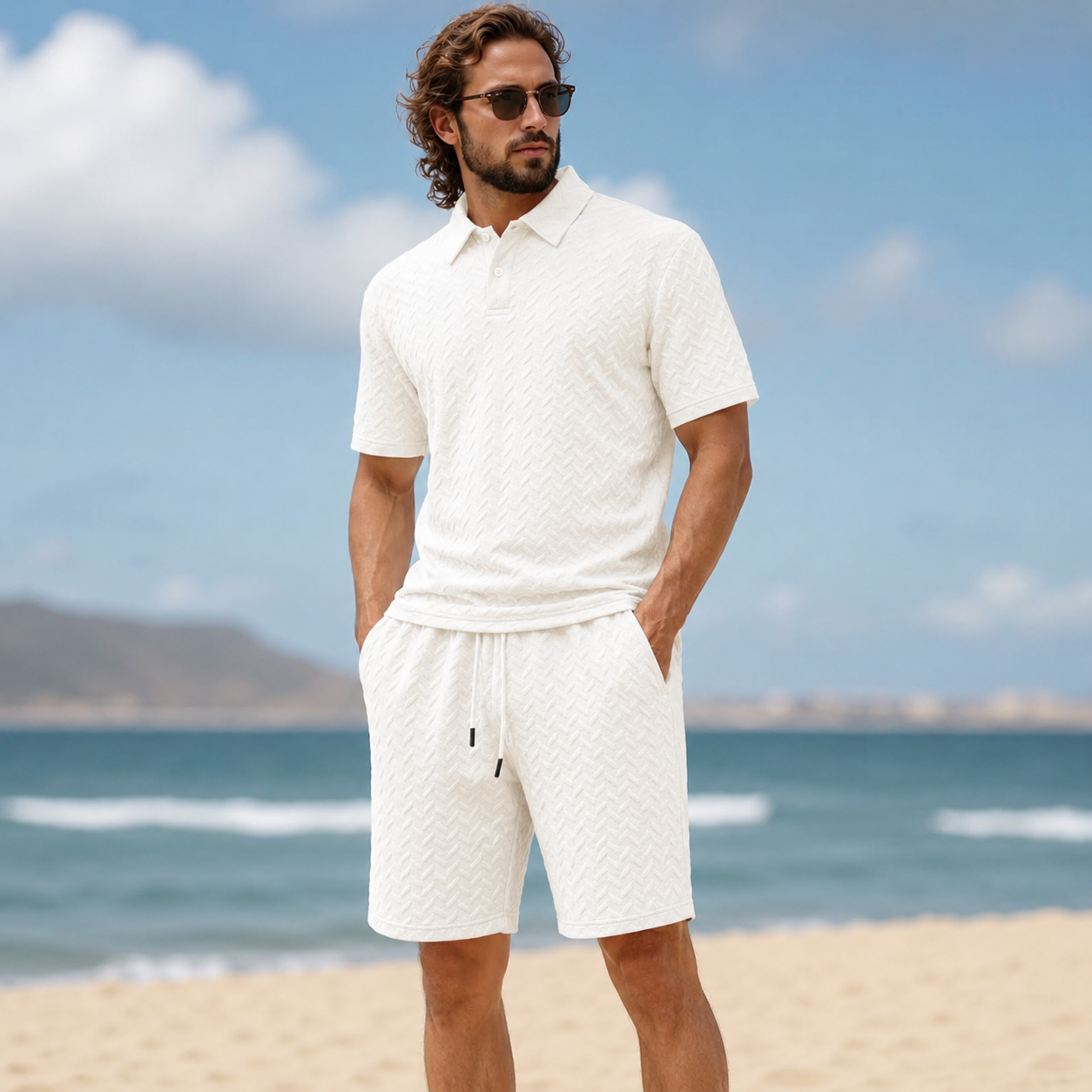 Men's Textured Collar Shirts and Shorts Coords Set