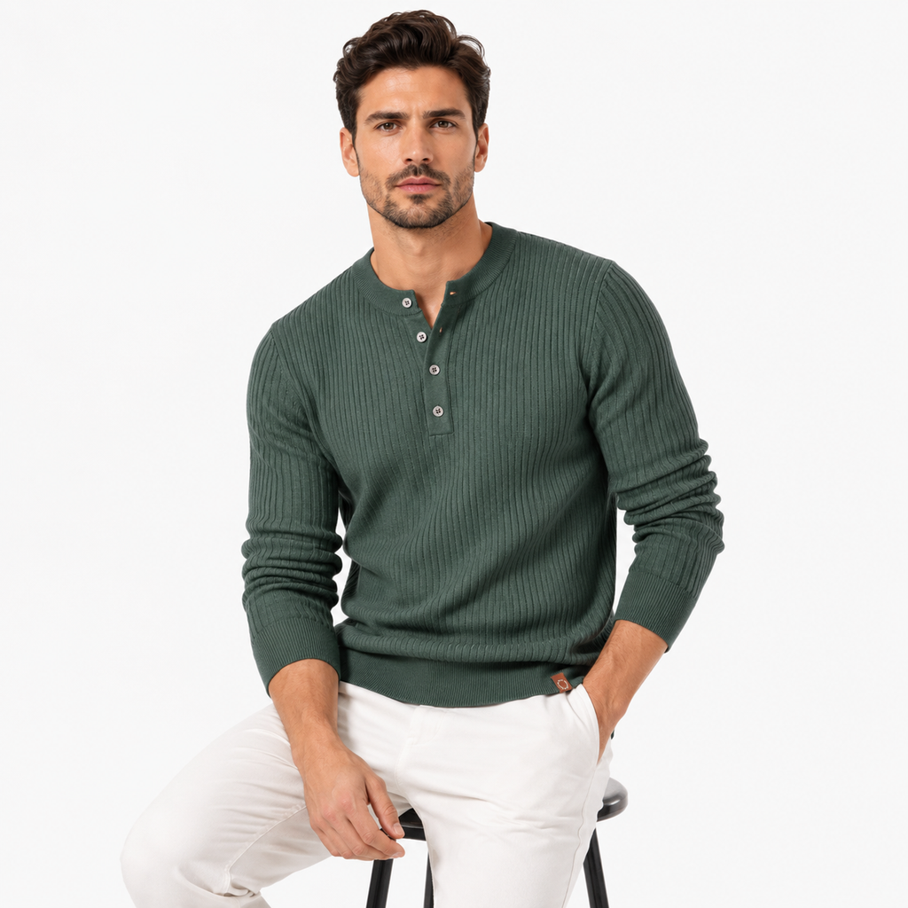 Ribbed Stripe Long Sleeve Henley Shirt
