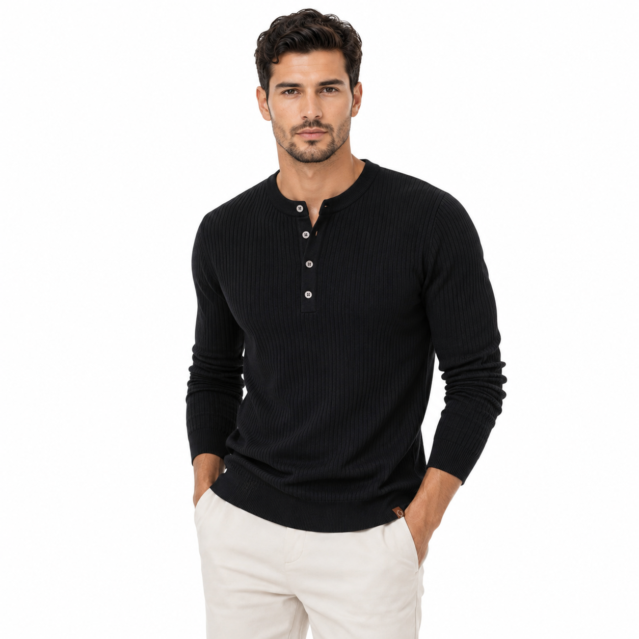 Ribbed Stripe Long Sleeve Henley Shirt