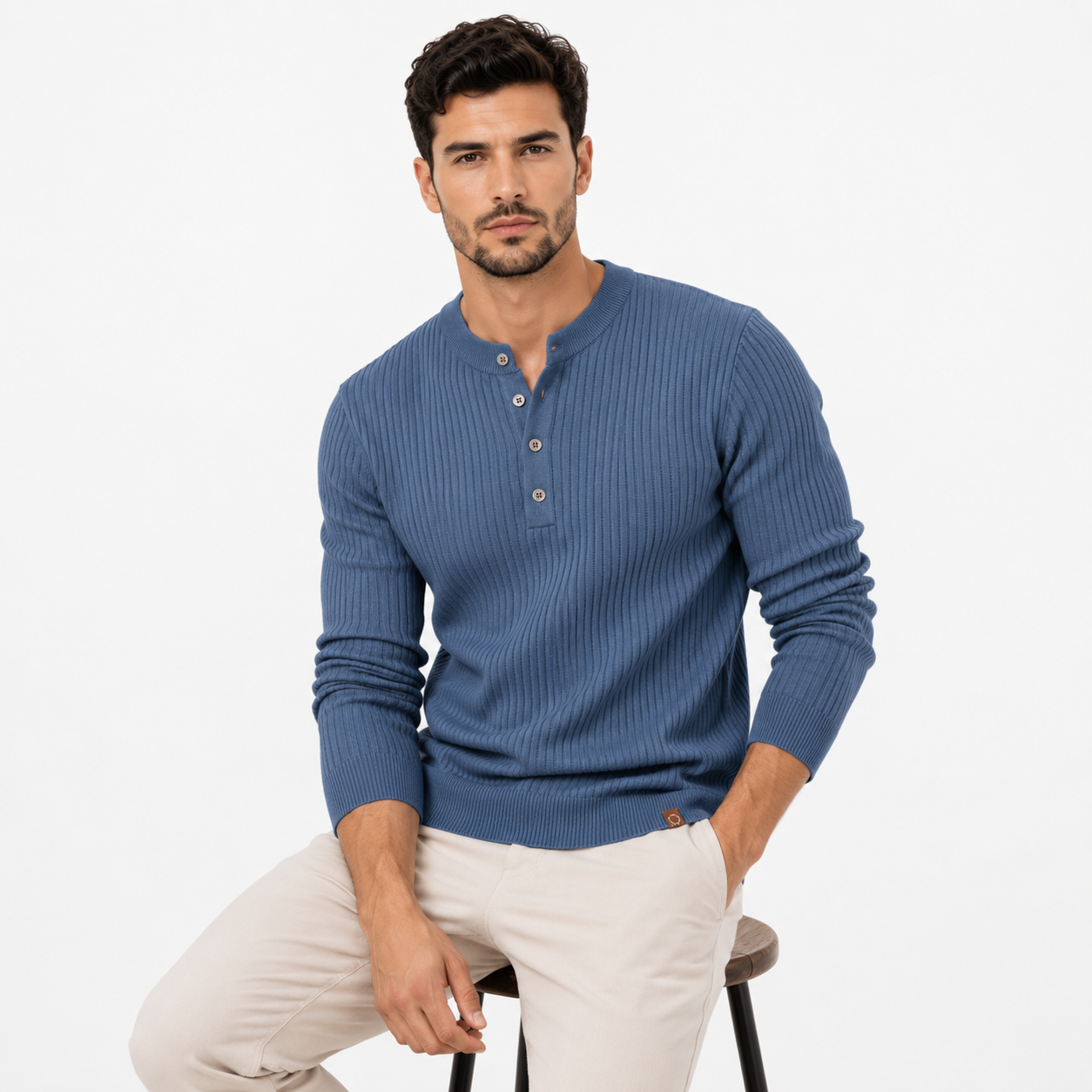 Ribbed Stripe Long Sleeve Henley Shirt
