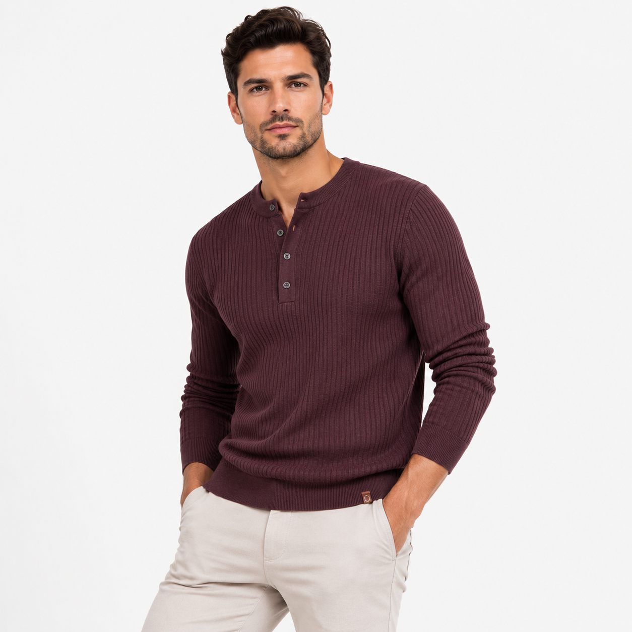 Ribbed Stripe Long Sleeve Henley Shirt