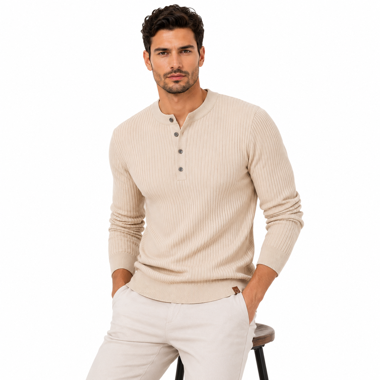 Ribbed Stripe Long Sleeve Henley Shirt