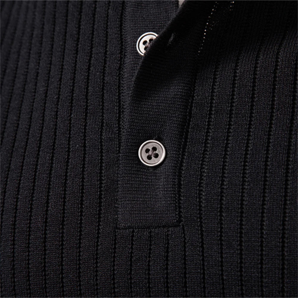 Ribbed Stripe Long Sleeve Polo Shirt