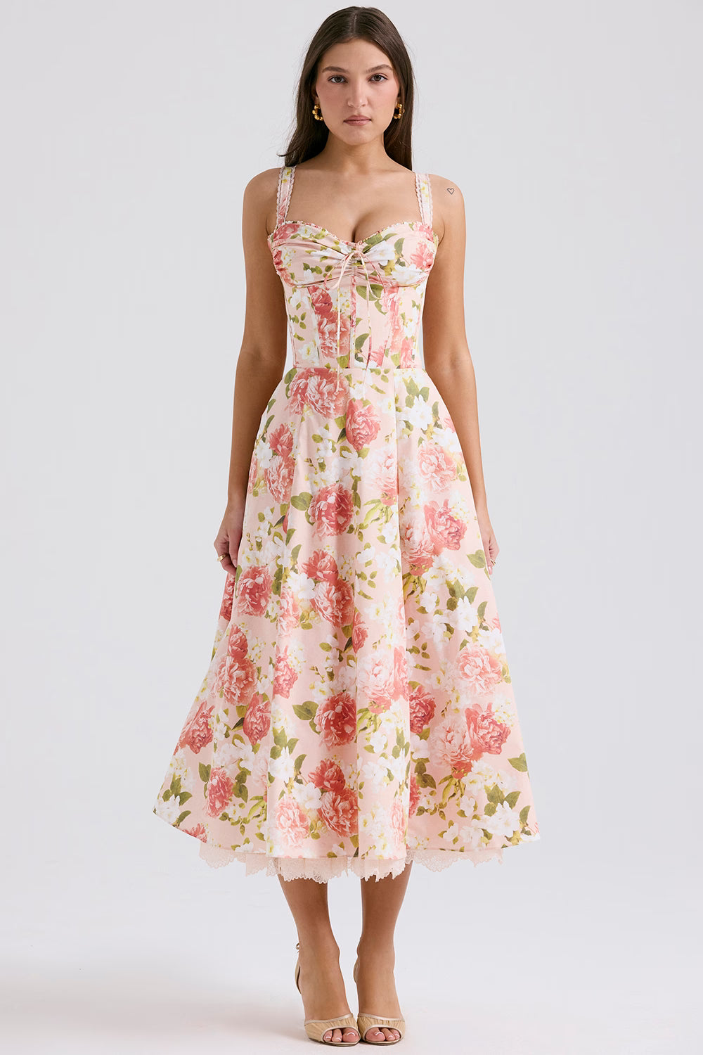A Line Flower Print Midi Dress With Straps