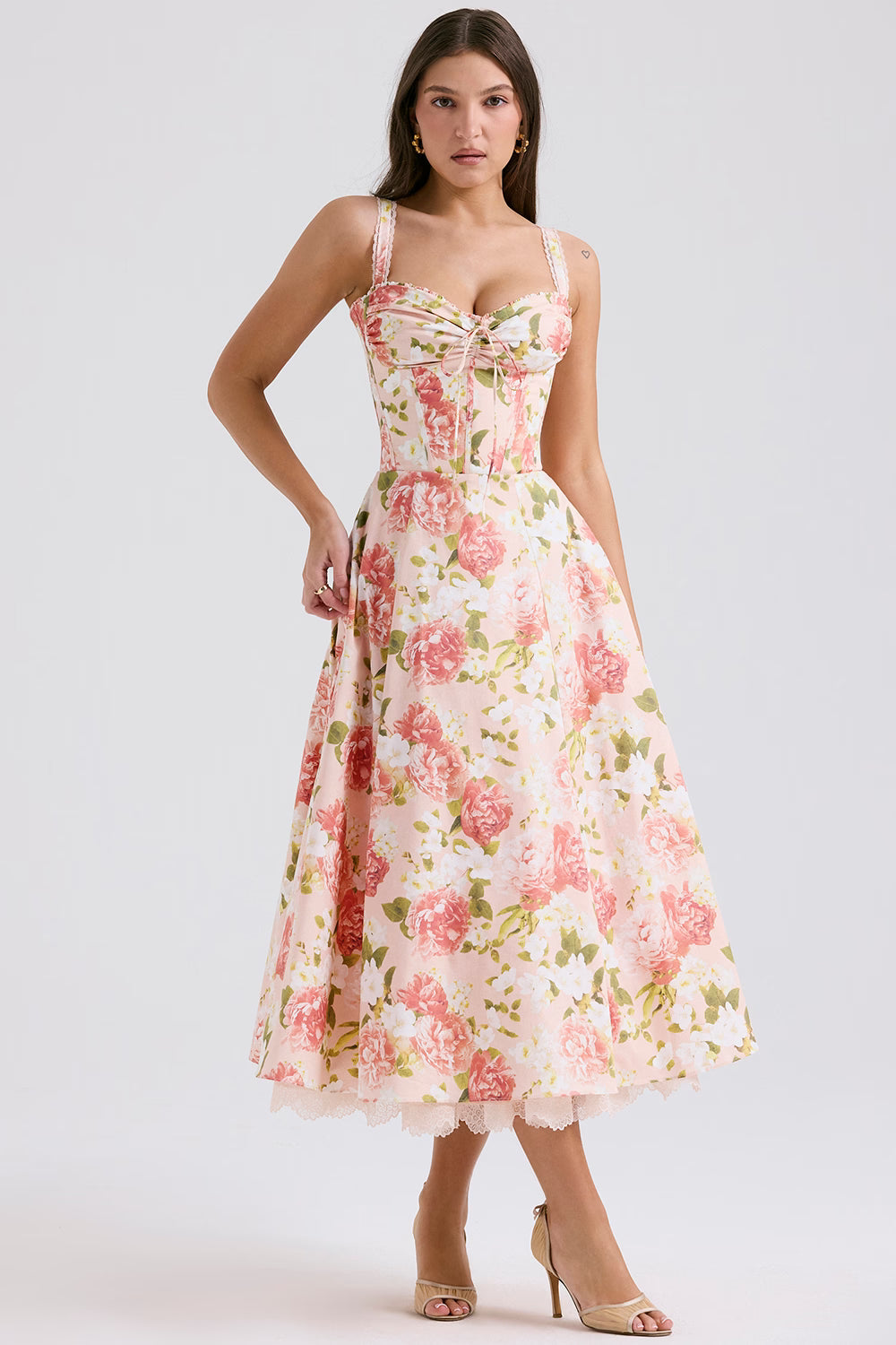 A Line Flower Print Midi Dress With Straps