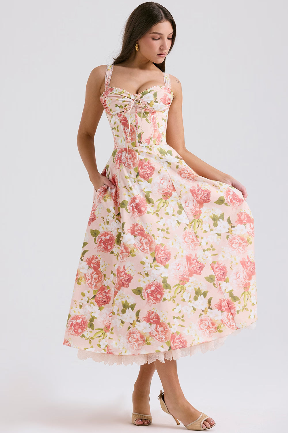 A Line Flower Print Midi Dress With Straps