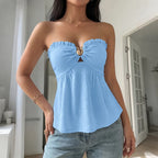 Ruched Front Strapless Babydoll Blouse in Blue