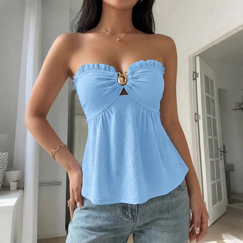 Ruched Front Strapless Babydoll Blouse in Blue