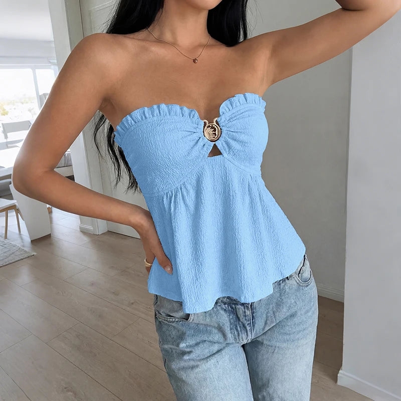 Ruched Front Strapless Babydoll Blouse in Blue