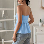 Ruched Front Strapless Babydoll Blouse in Blue