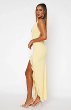 Women's Deep V Halter Neck Maxi Dress with Ruffle Hem