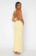 Women's Deep V Halter Neck Maxi Dress with Ruffle Hem