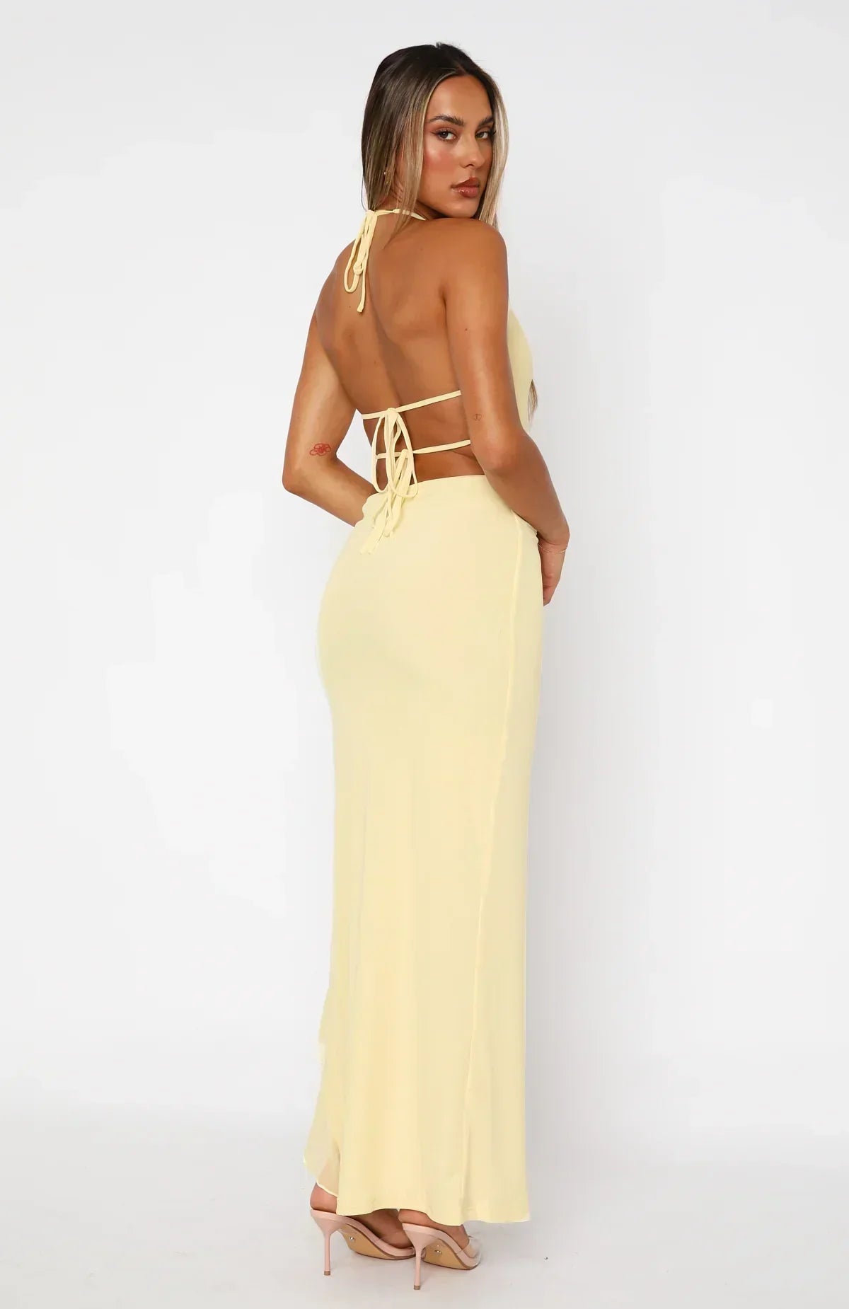 Women's Deep V Halter Neck Maxi Dress with Ruffle Hem
