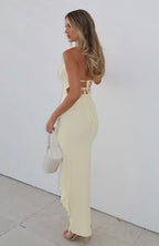 Women's Deep V Halter Neck Maxi Dress with Ruffle Hem