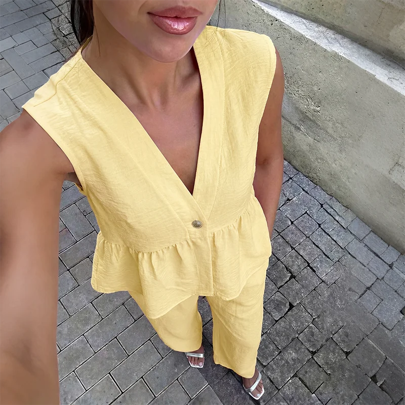 Sleeveless Peplum Top and Wide Leg Pants