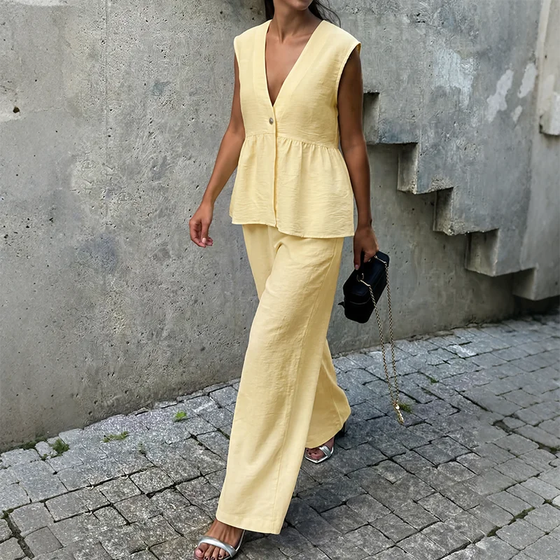 Sleeveless Peplum Top and Wide Leg Pants