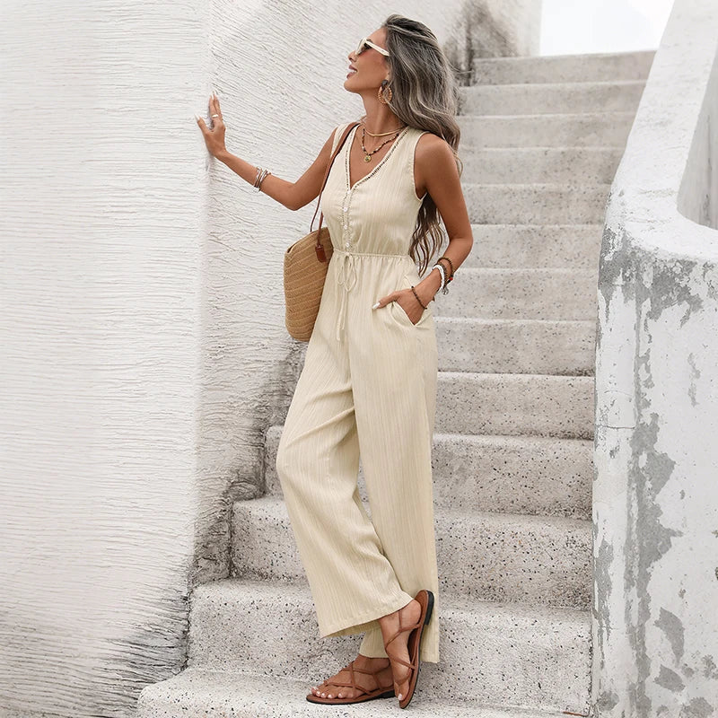 Sleeveless Relaxed Fit Pocket Jumpsuit Women in Cream