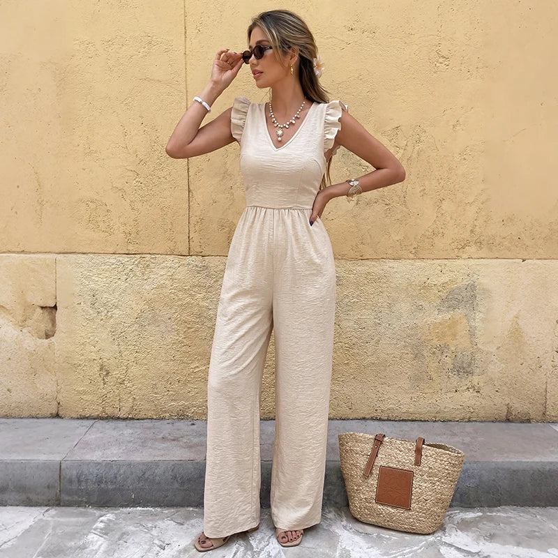 Sleeveless Ruffle Wide Leg Jumpsuit Women in Cream