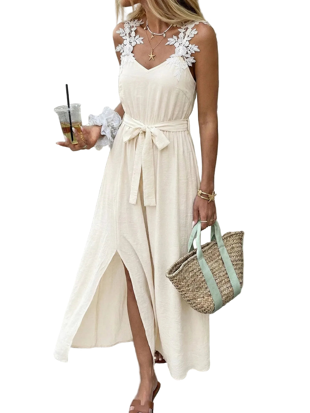 Soft Knit Waist Tie Long Dress in Beige