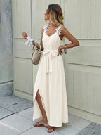 Soft Knit Waist Tie Long Dress in Beige
