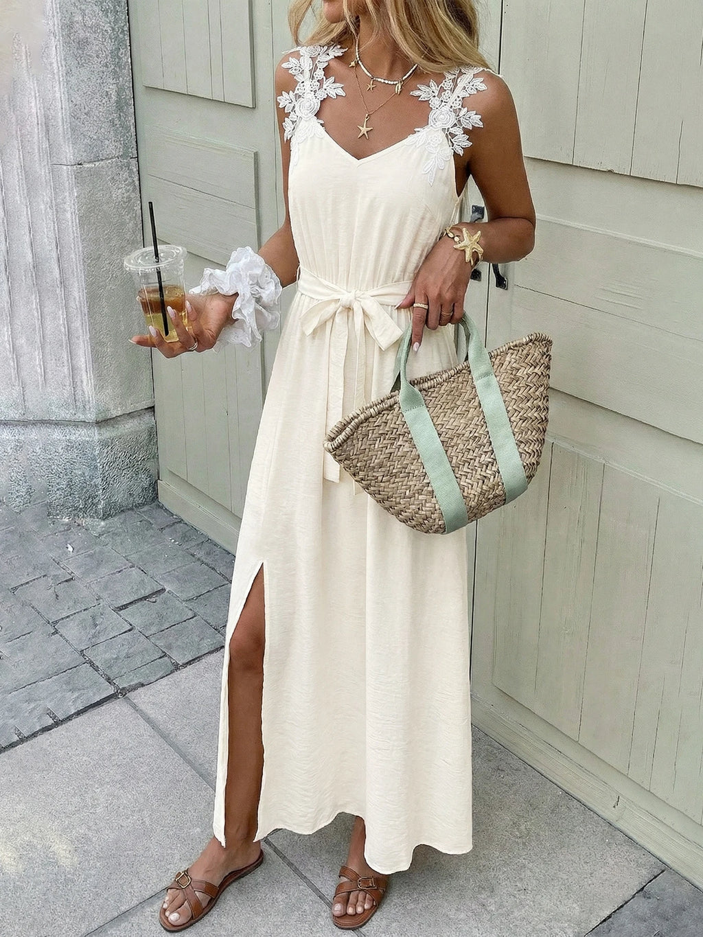 Soft Knit Waist Tie Long Dress in Beige