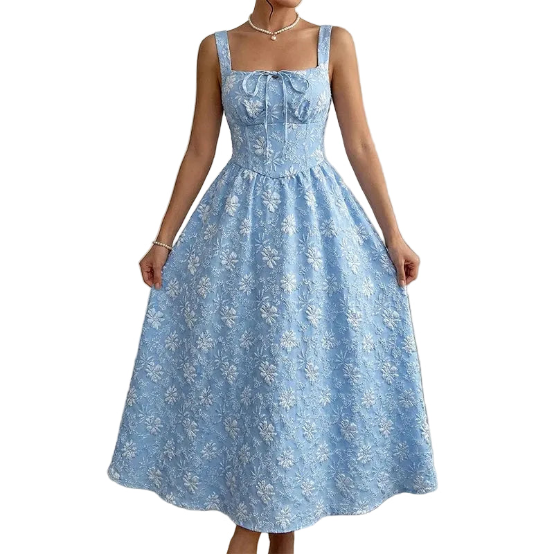 Square Neck Patterned Midi Dress Women