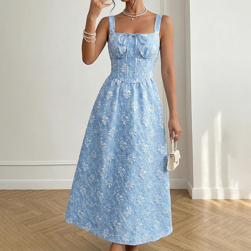 Square Neck Patterned Midi Dress Women