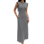 Stretch Stripe Sleeveless Pull On Dress in Black