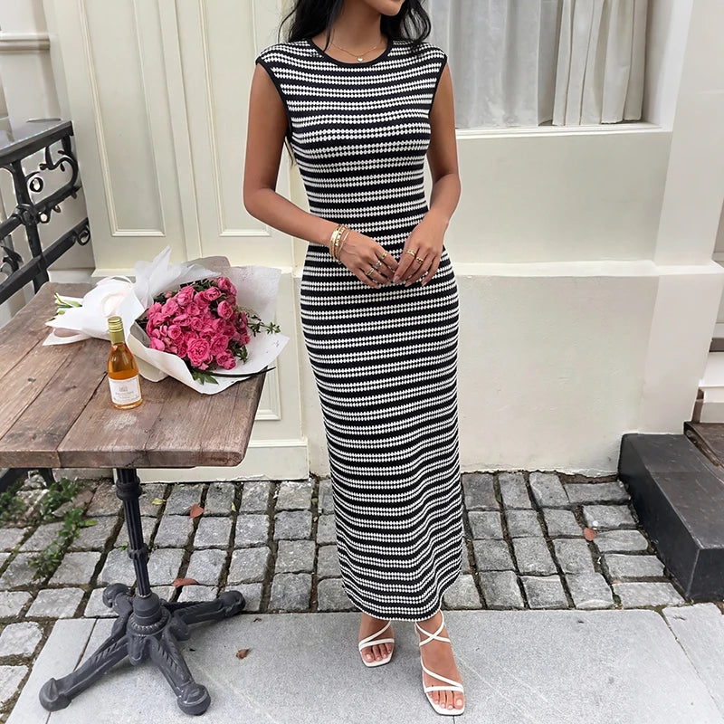 Stretch Stripe Sleeveless Pull On Dress in Black
