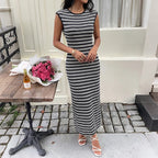 Stretch Stripe Sleeveless Pull On Dress in Black