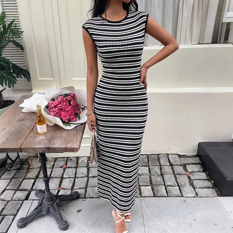 Stretch Stripe Sleeveless Pull On Dress in Black